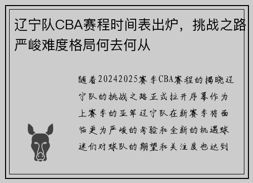 辽宁队CBA赛程时间表出炉，挑战之路严峻难度格局何去何从